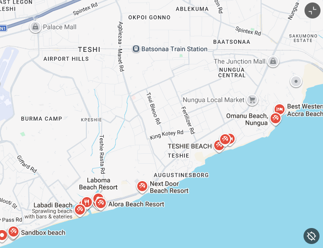 Local map showing the hotel near the Sakumono coastline